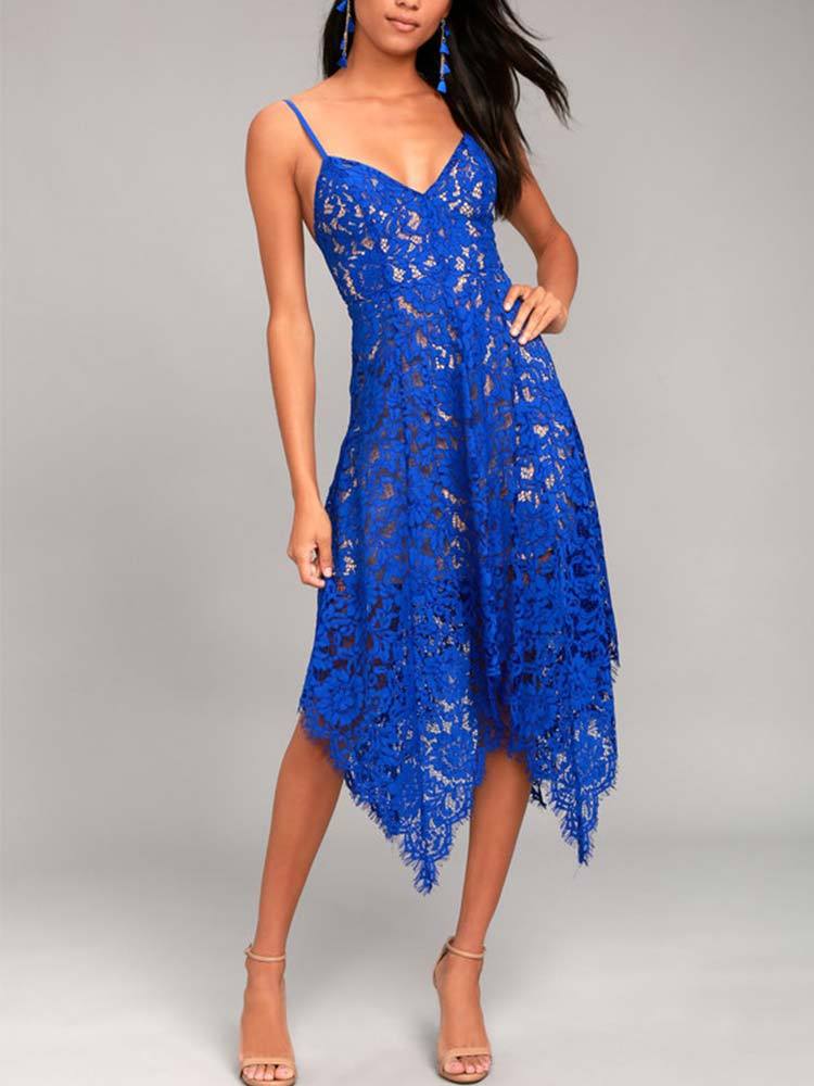 Ärmellos Sexy Sommer Unregelmäßiger Saum Blau Kleid