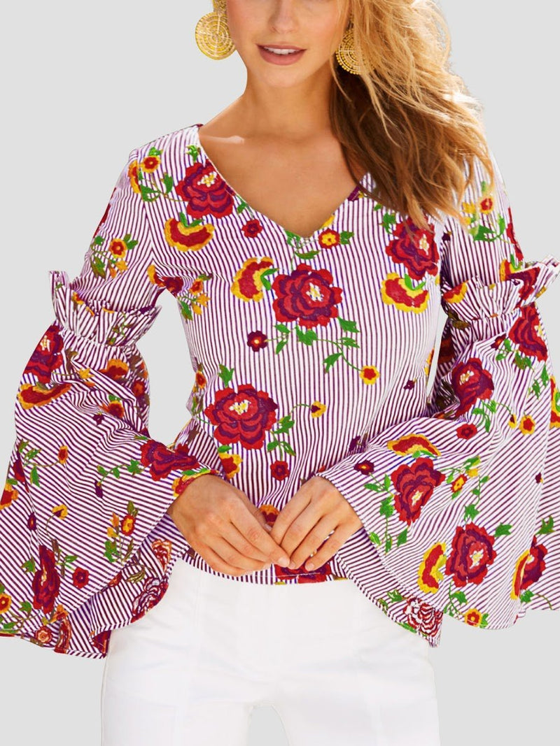 Blumen Gedruckt Tief V-Ausschnitt Bluse - Rose Boutique