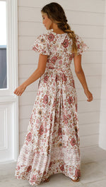 Kurzarm Blumen Gedruckt V-Ausschnitt Maxi Kleid