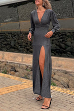 Perfect Curve Metallic Smocked Slit Maxi Dress