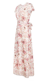Kurzarm Blumen Gedruckt V-Ausschnitt Maxi Kleid