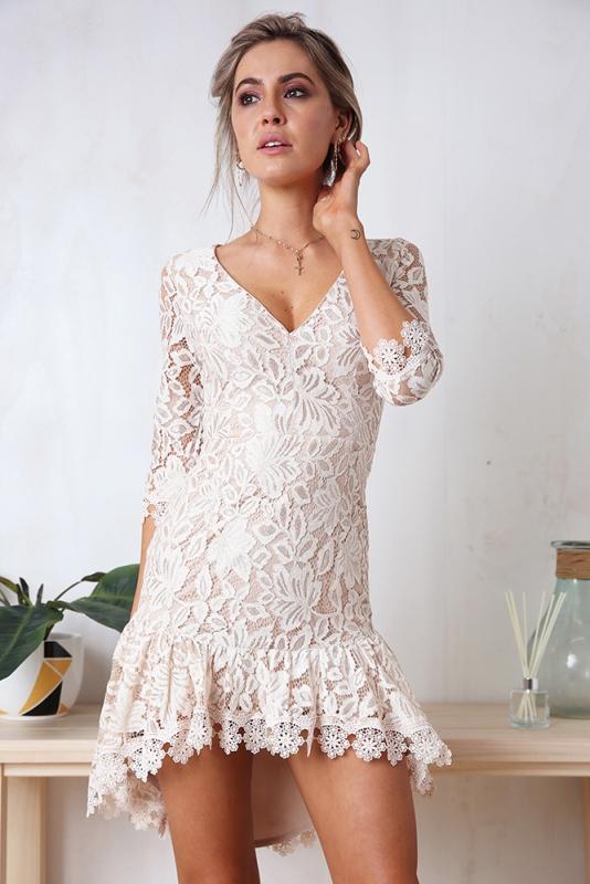 Damen Spitze V-Ausschnitt Mini Kleid Weiß - Rose Boutique