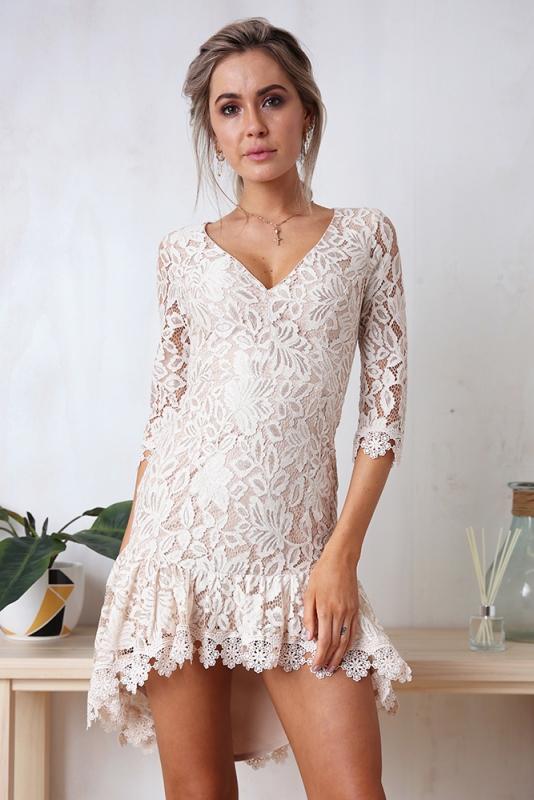 Damen Spitze V-Ausschnitt Mini Kleid Weiß - Rose Boutique