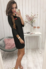 Black 3/4 Length Sleeve Plain Casual Crew Neck Mini Dress - Rose Boutique