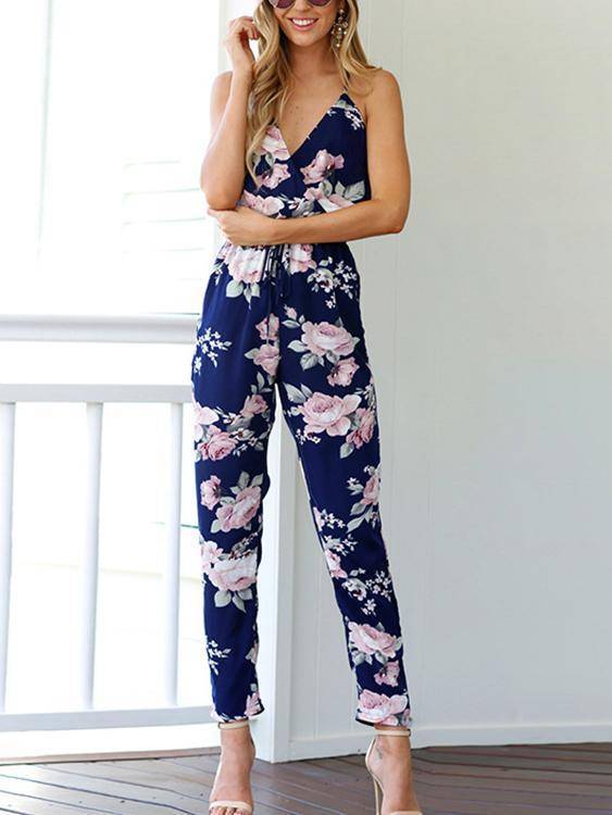 Blumendruck Rückenfreie V-Ausschnitt Mit Elastische Taille Jumpsuit - Rose Boutique