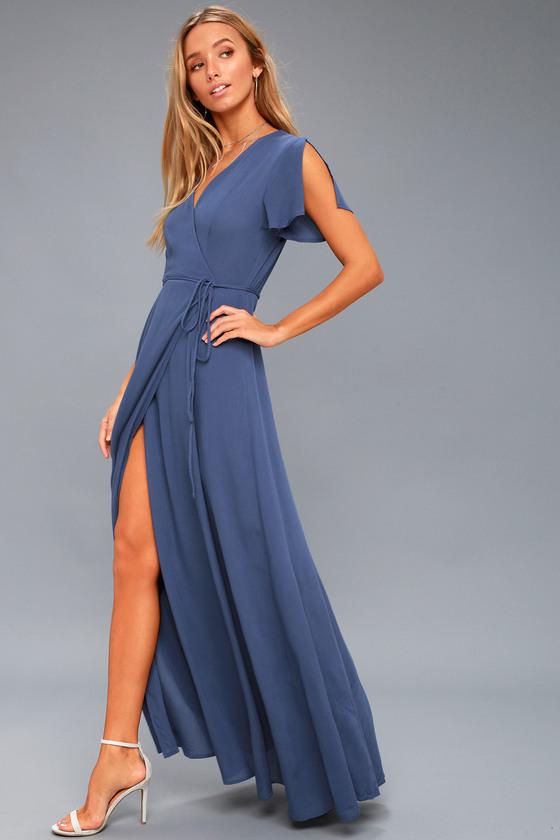 Kurzarm Sexy Sommer V-Ausschnitt Maxi Kleid in Blau - Rose Boutique