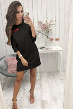 Black 3/4 Length Sleeve Plain Casual Crew Neck Mini Dress - Rose Boutique