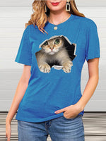 Rundhals Kurzarm Katzen Gedruckt T-Shirt