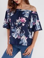 Damen Kurzarm Blumen Gedruckt Schulterfrei T-shirt Top - Rose Boutique