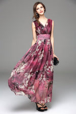 Ärmellos Blumen Gedruckt V-Ausschnitt Elegant Maxi Kleid