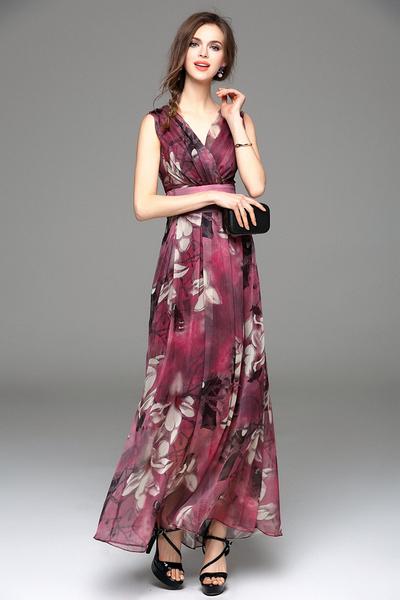 Ärmellos Blumen Gedruckt V-Ausschnitt Elegant Maxi Kleid - Rose Boutique