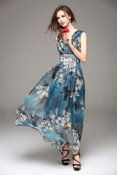 Ärmellos Blumen Gedruckt V-Ausschnitt Elegant Maxi Kleid - Rose Boutique