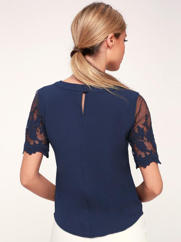 Kurzarm Blumen Gestickte Büro Lace Top T-shirt Navyblau - Rose Boutique