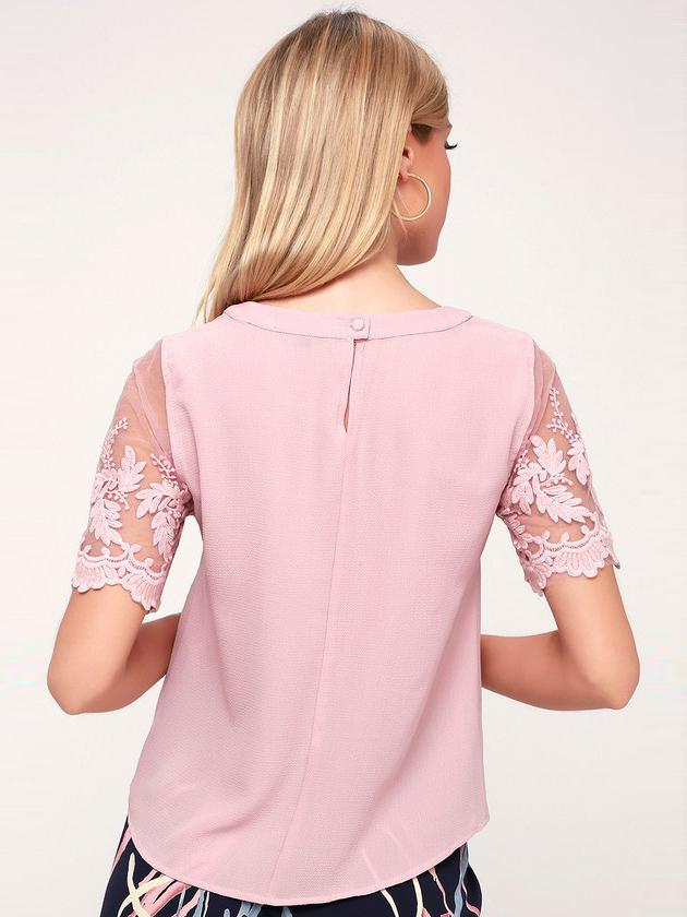 Kurzarm Blumen Gestickte Büro Lace Top T-shirt Pink - Rose Boutique