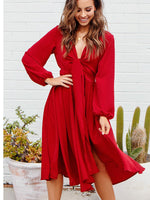 Tiefer V-Ausschnitt Langarm-Gürtel-Kleid Rot