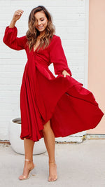 Tiefer V-Ausschnitt Langarm-Gürtel-Kleid Rot