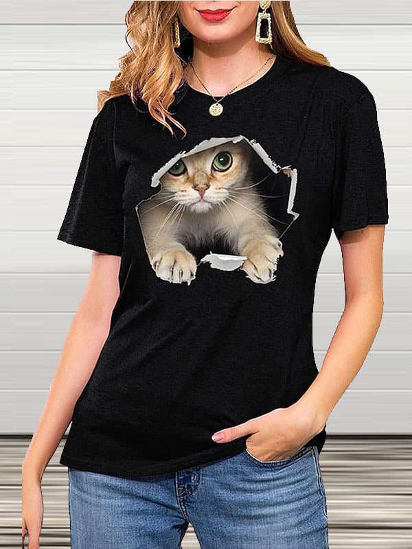 Rundhals Kurzarm Katzen Gedruckt T-Shirt