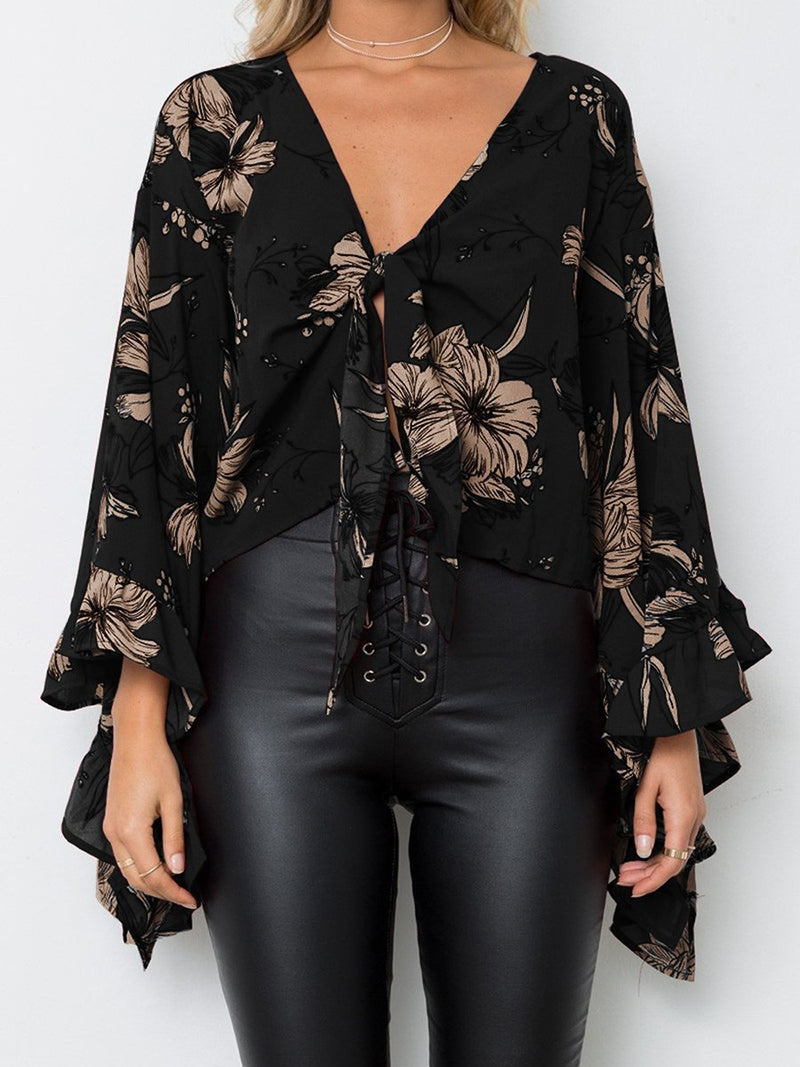 Langarm Floral V-Ausschnitt unregelmäßiger Saum Top - Rose Boutique