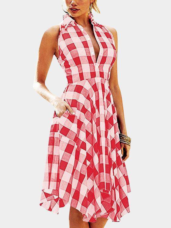 Damen Ärmellos Kariertes Muster V-Ausschnitt Kleid - Rose Boutique
