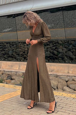 Perfect Curve Metallic Smocked Slit Maxi Dress