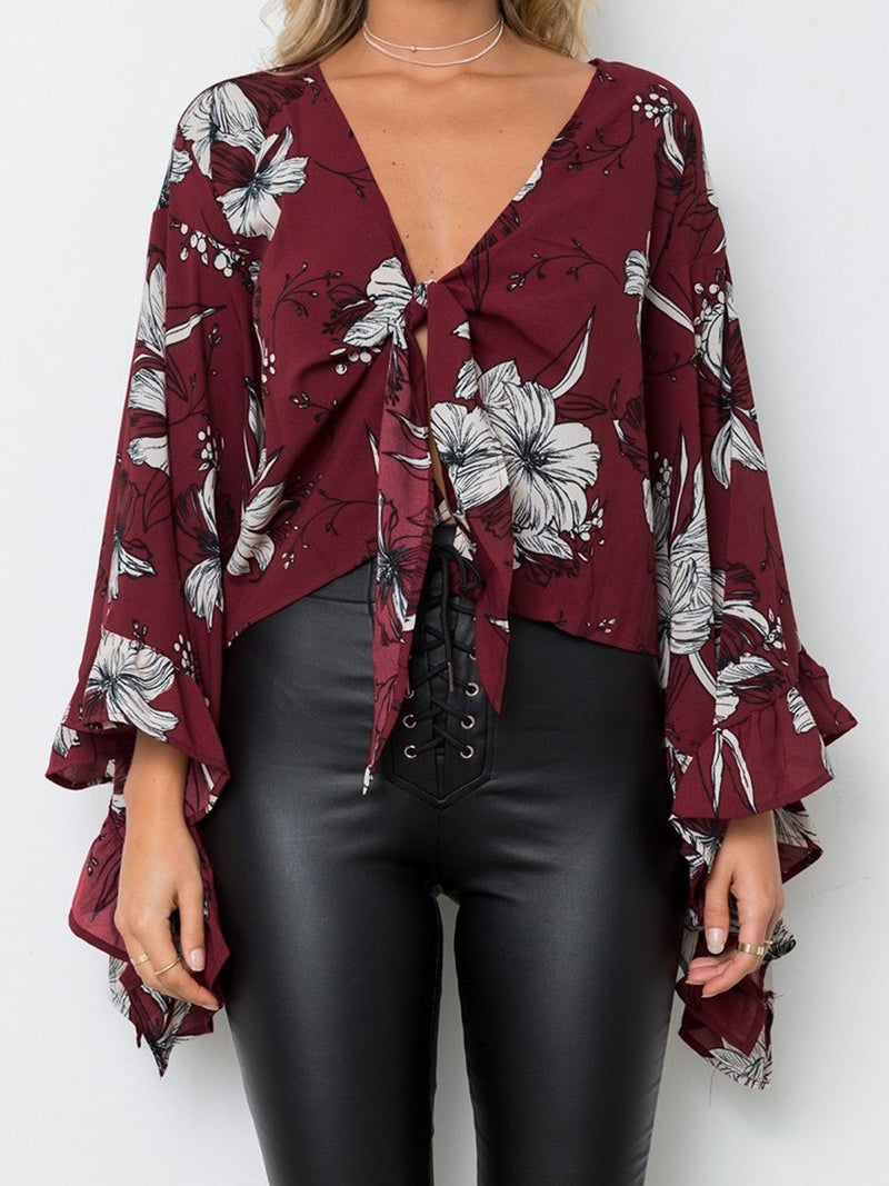 Langarm Floral V-Ausschnitt unregelmäßiger Saum Top - Rose Boutique