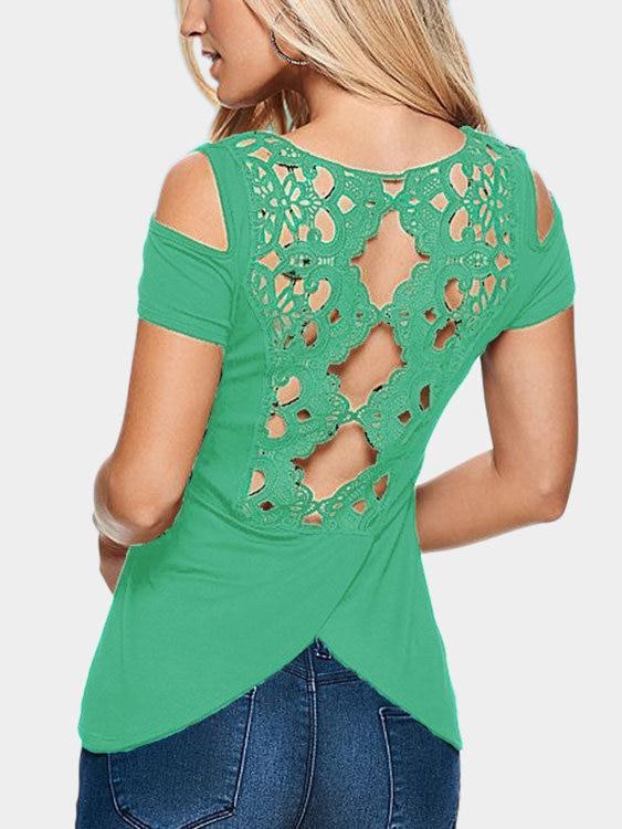 Damen Kurzarm Rundhalsausschnitt Spitze Rückenfrei T-shirt Top - Rose Boutique