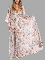 Lange Ärmel Blumen Gedruckt V-Ausschnitt Rückenfrei Kleid - Rose Boutique