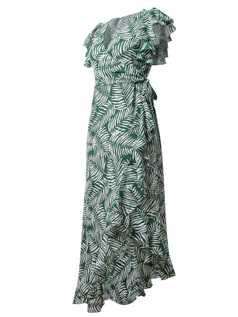 Ruffle Hem V-neck Sleeveless Printed Maxi Dress