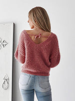 Lange Ärmel V-Ausschnitt Rückenfrei Pullover