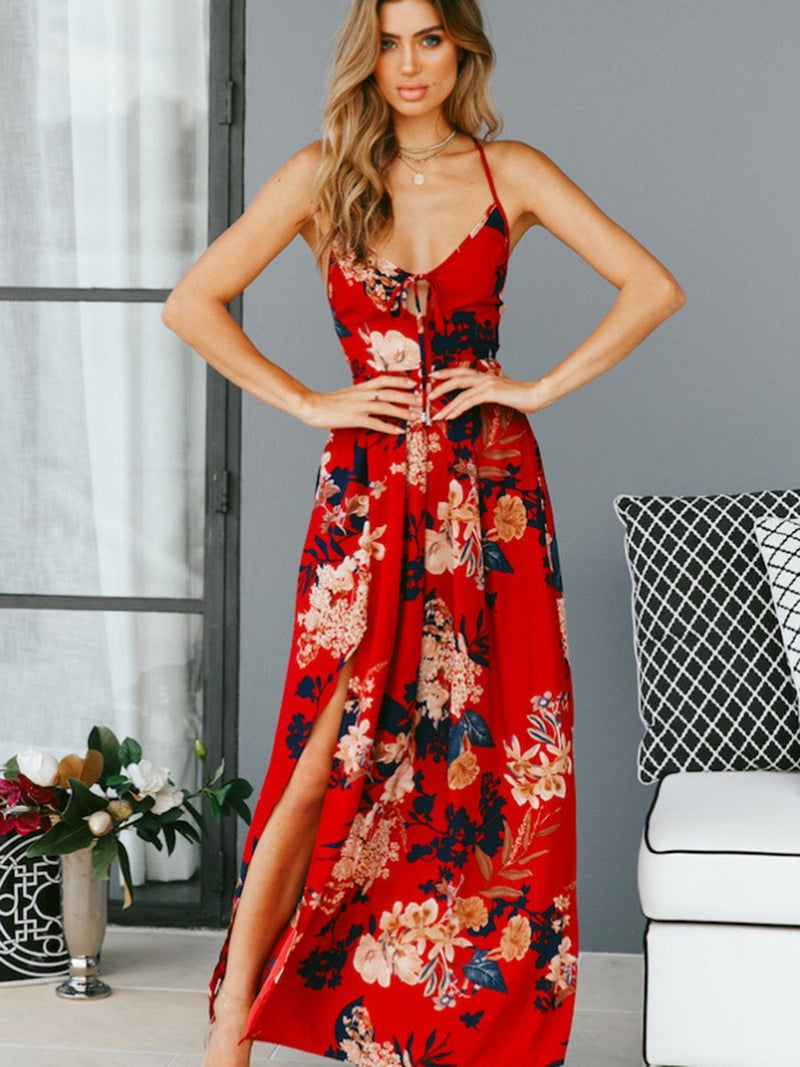 Blumen Gedruckt V-Ausschnitt Rückenfrei Maxi Kleid