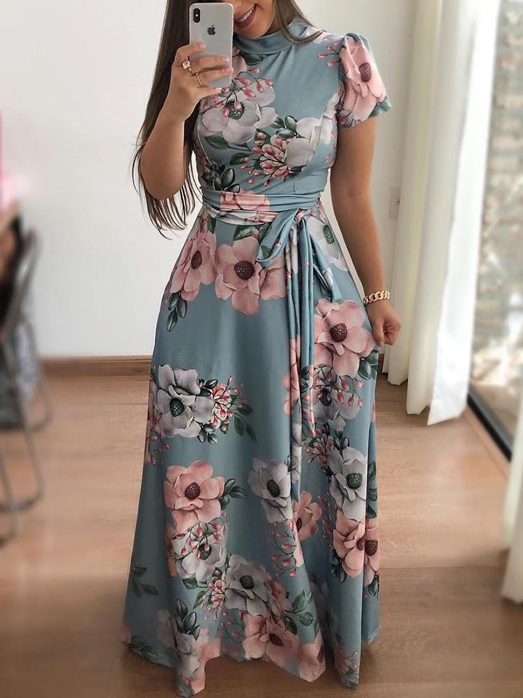 Kurzarm Blumen Gedruckt Maxi Kleid