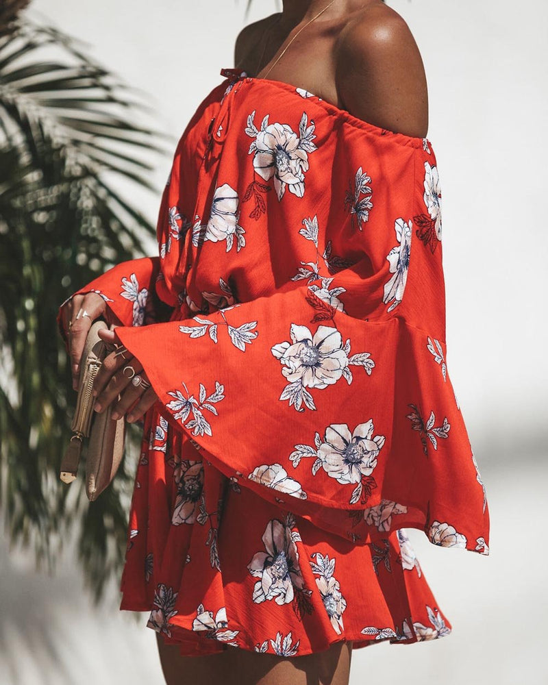 Blumen Gedruckt Weg Von Der Schulter Rot Mini Kleid - Rose Boutique
