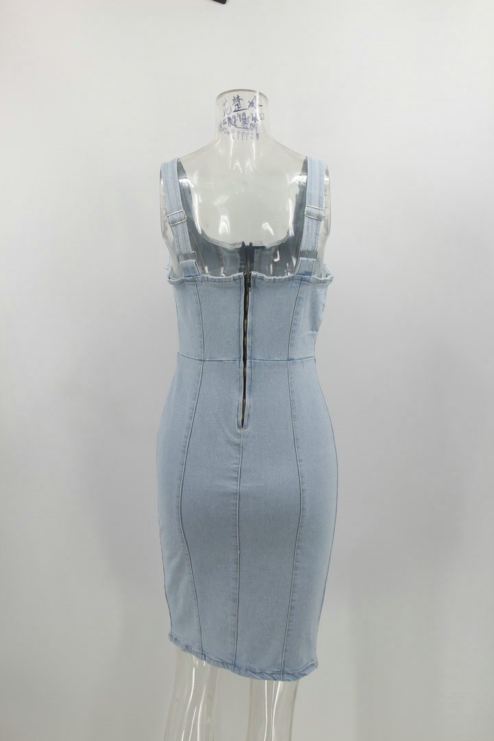 Ärmelloses Bodycon Midi-Denim-Kleid mit Seitenschlitz