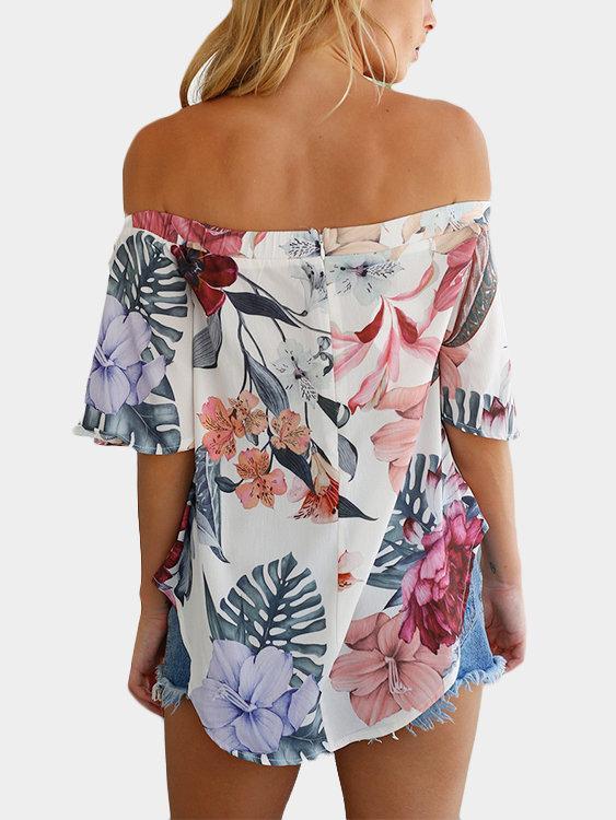 Damen Kurzarm Blumen Gedruckt Schulterfrei T-shirt Top - Rose Boutique