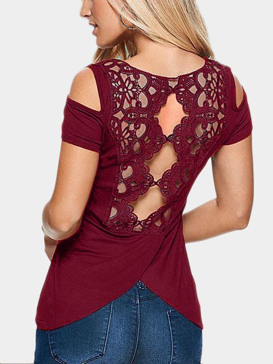 Damen Kurzarm Rundhalsausschnitt Spitze Rückenfrei T-shirt Top - Rose Boutique
