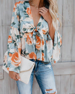 Lange Ärmel Blumen Gedruckt Casual Streetwear V-Ausschnitt T-shirt Top - Rose Boutique