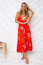 Damen Ärmellos Blumen Gedruckt V-Ausschnitt Kleid Rot - Rose Boutique
