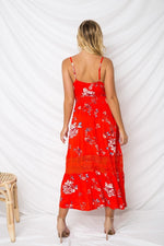 Damen Ärmellos Blumen Gedruckt V-Ausschnitt Kleid Rot - Rose Boutique