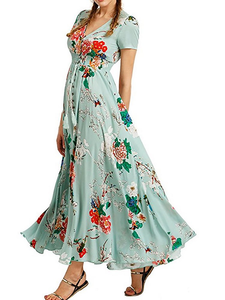 Women's Dresses Vintage Ethnic Pattern V-Neck Loose Maxi Dress
