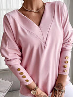 Women's T-Shirts Solid Color Buttoned Cuff V Neck Long Sleeve T-Shirt