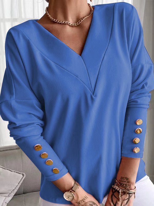 Women's T-Shirts Solid Color Buttoned Cuff V Neck Long Sleeve T-Shirt
