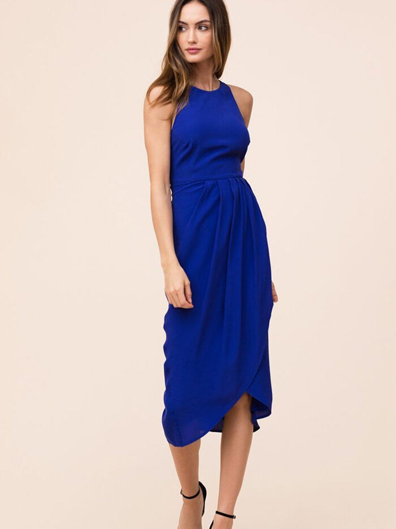 Blau Mehrfabrig Unregelmäßiger Saum Midi Kleid - Rose Boutique